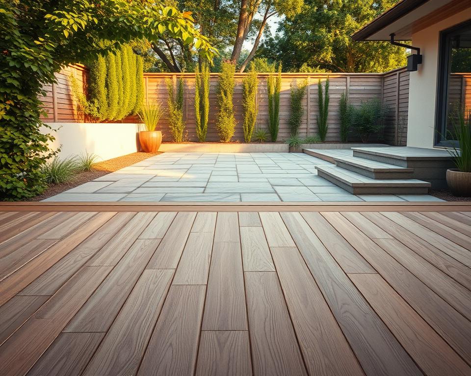 Kombinierte Holz-Stein-Terrasse: Moderne Gartengestaltung